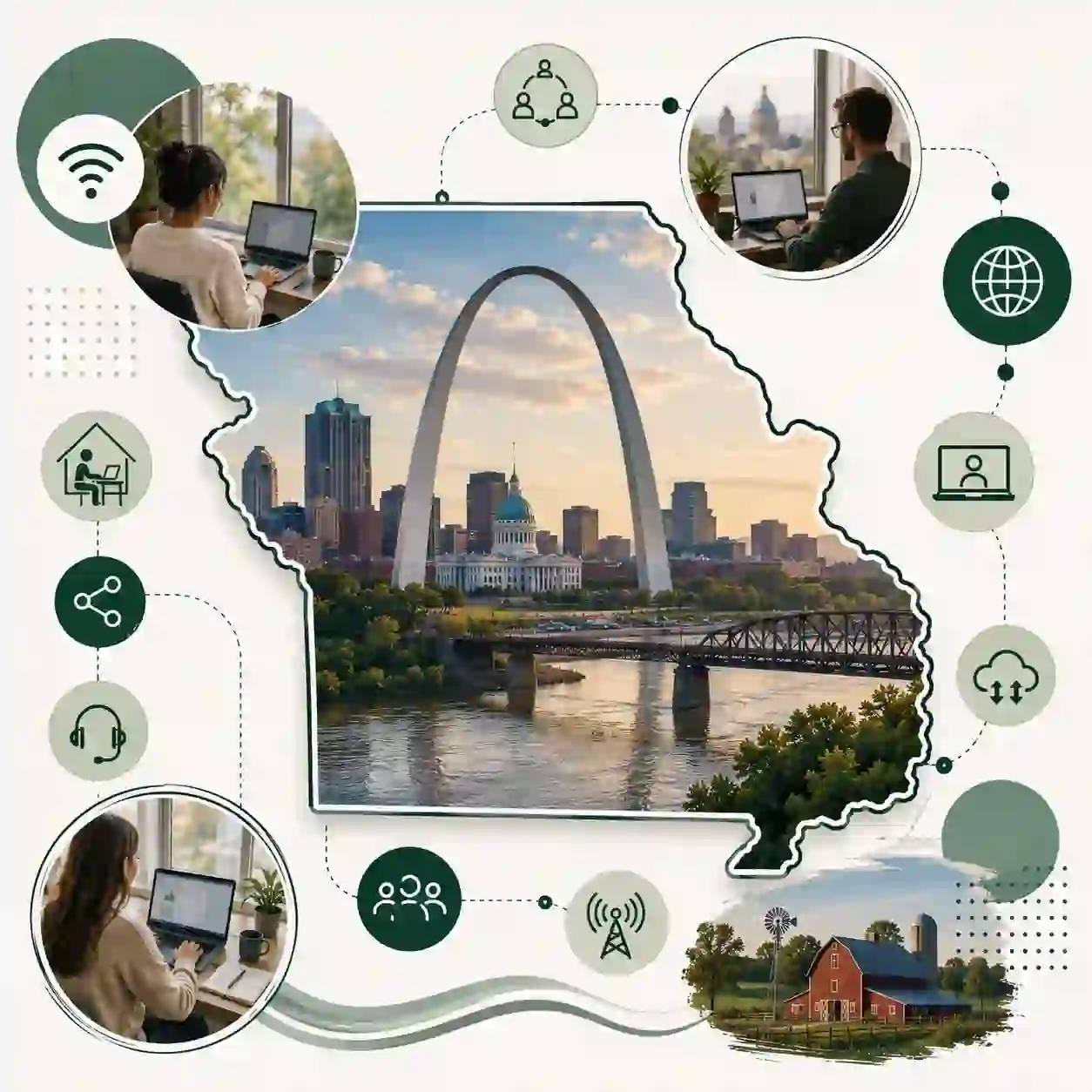 Missouri state map with icons for mobile, office, remote team and call center connected to a central phone pin